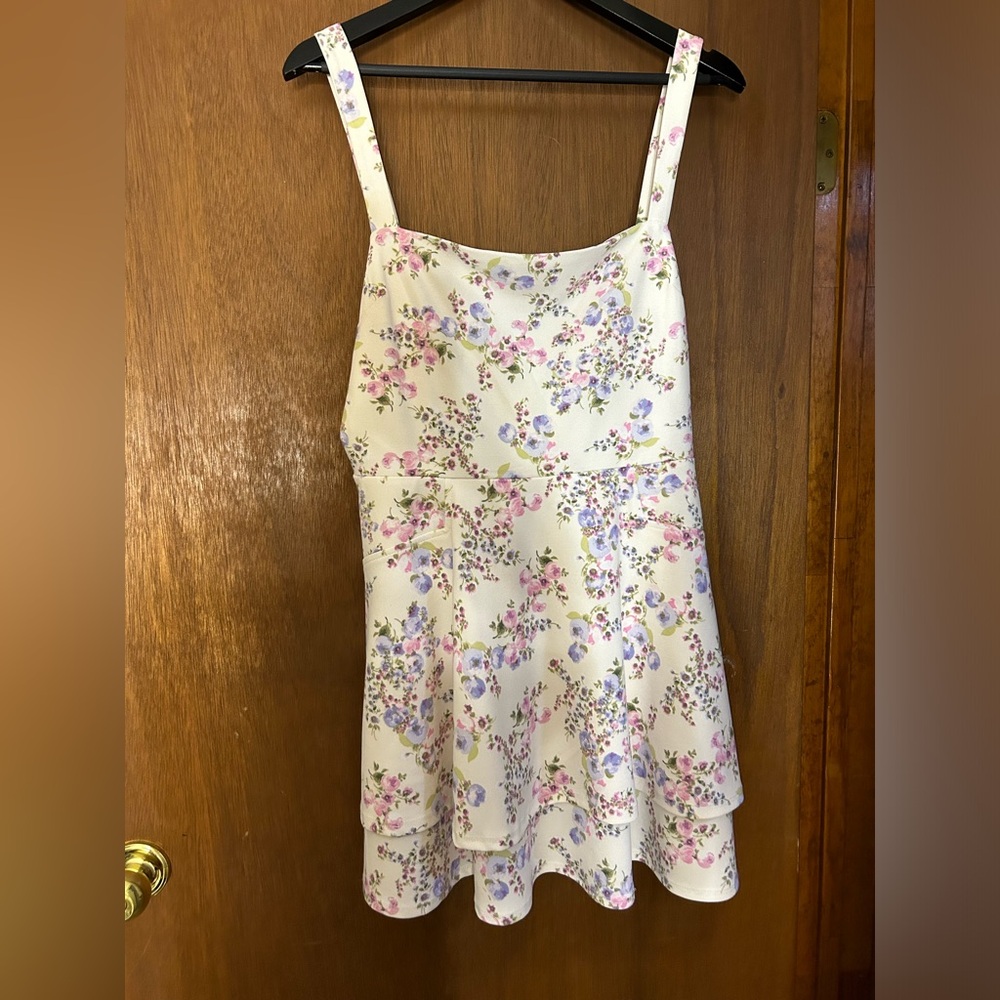 City Studio White with Purple Floral Flounce Dress with Back Tie
